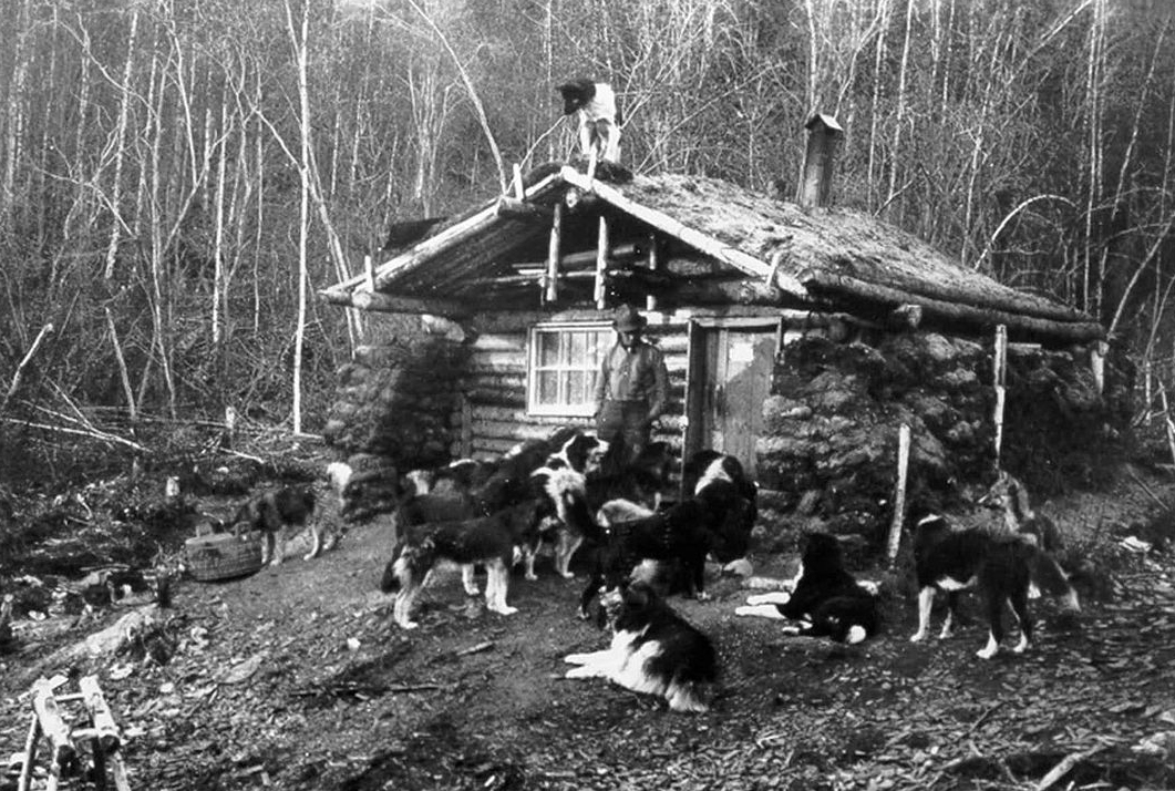 Black and white image of a man in front of log cabin surrounded by dogs