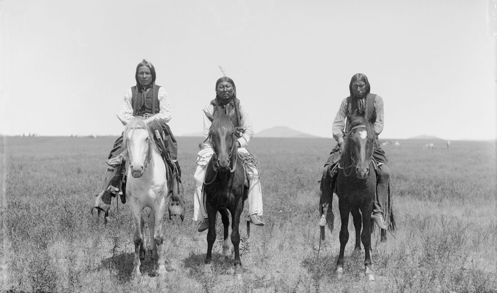 Three mounted Comanche Indian warriors, photographed 1892.